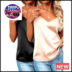 Satin Tank Top V Neck Adjustable Spaghetti Strap Loose Fit Summer Chic